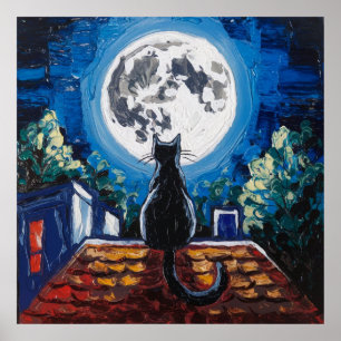 Affiche Chat Noir Pleine Lune Toit