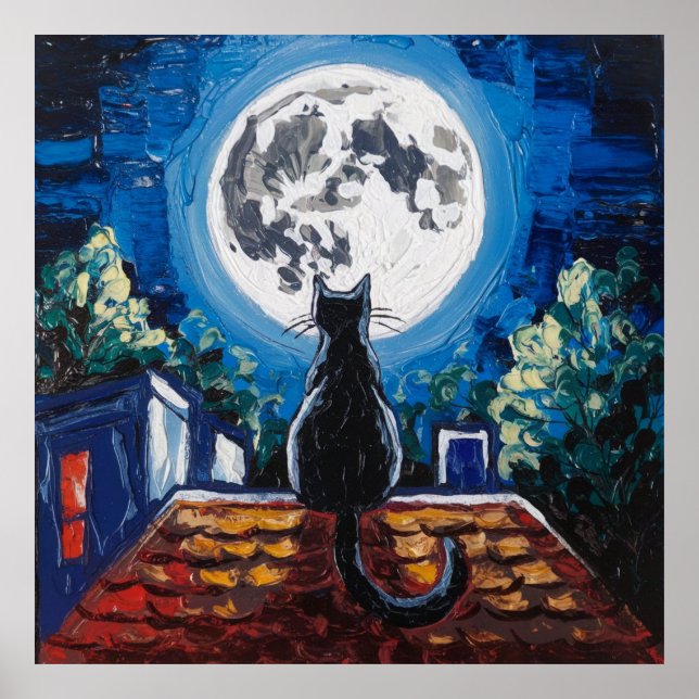 Affiche Chat Noir Pleine Lune Toit (Devant)