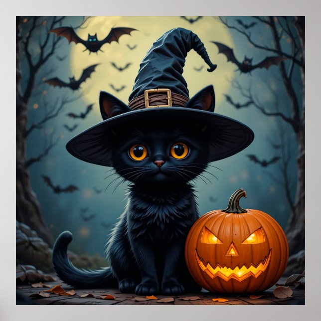 Affiche Chat Noir Portant un Chapeau de Sorcière Halloween (Devant)