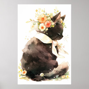Affiche Chat noir portant une couronne de fleurs