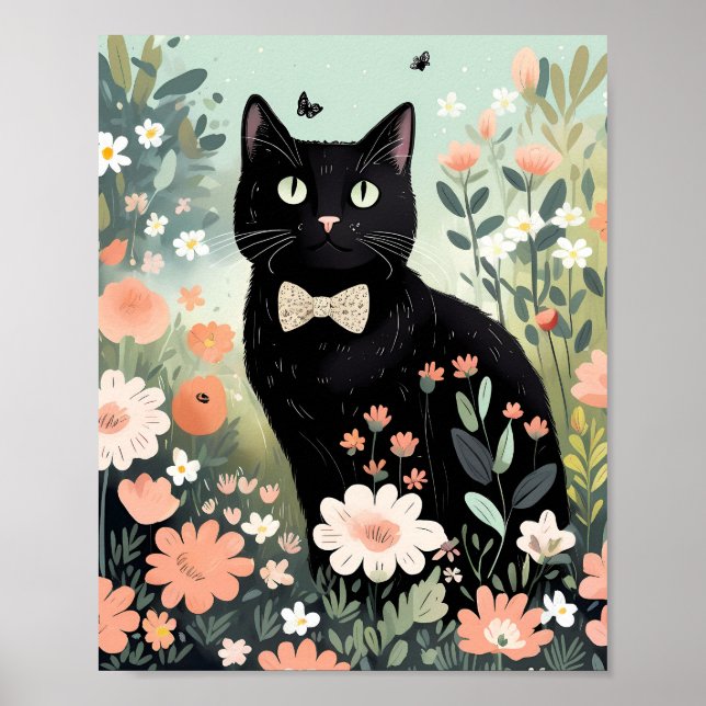 Affiche Chat noir portant une cravate arc assise (Devant)