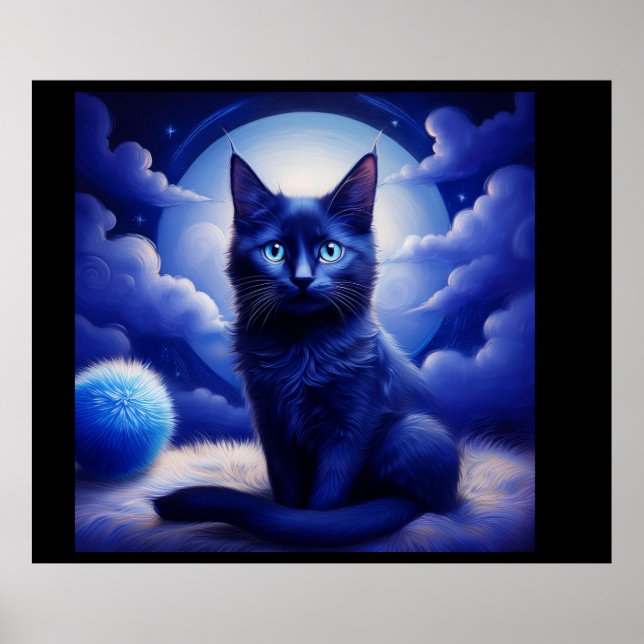 Affiche Chat Noir Posant Devant La Lune Et Les Nuages Blan (Devant)