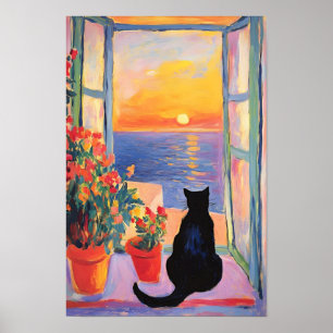 Affiche Chat noir profitant de la vue sur la mer
