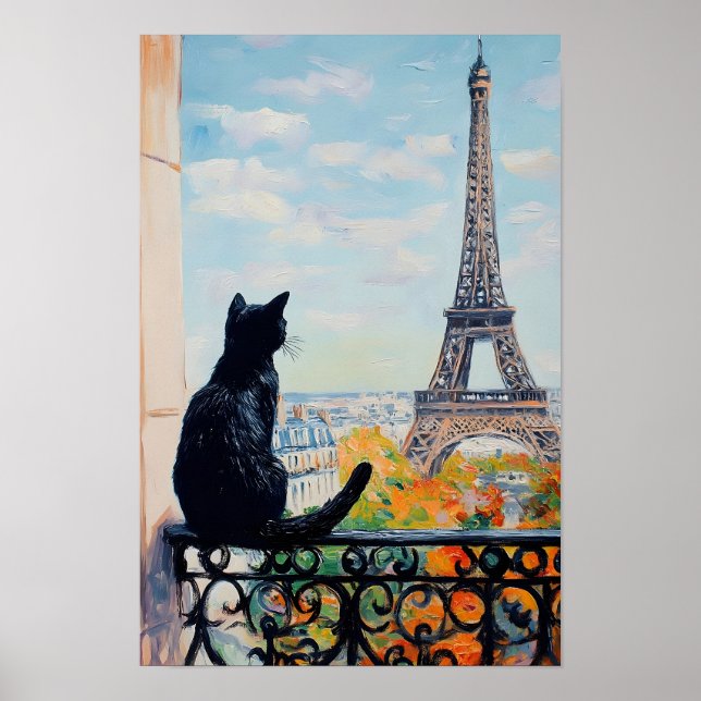 Affiche Chat noir profitant de la vue sur la Tour Eiffel (Devant)