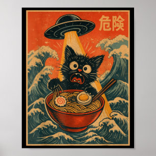 Affiche Chat Noir Ramen Alien Ufo Drôle Japonais Kawaii An