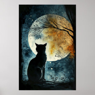 Affiche Chat noir regardant la Lune