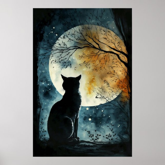 Affiche Chat noir regardant la Lune (Devant)
