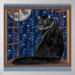 Affiche Chat noir Regardant la Lune et les étoiles