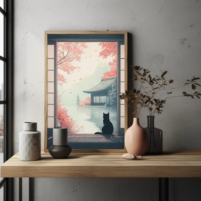 Affiche Chat noir regarder japonais Automne Zen Scène Art (Créateur téléchargé)