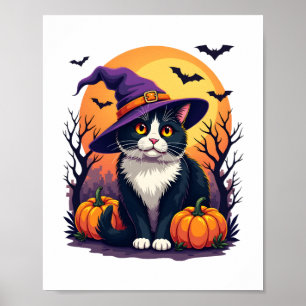 Affiche Chat Noir Rétro Halloween Costume Citrouille Pour 