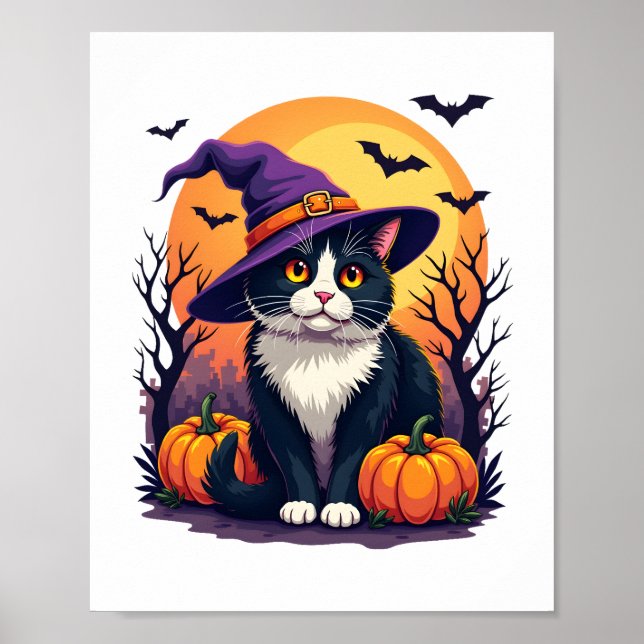 Affiche Chat Noir Rétro Halloween Costume Citrouille Pour  (Devant)