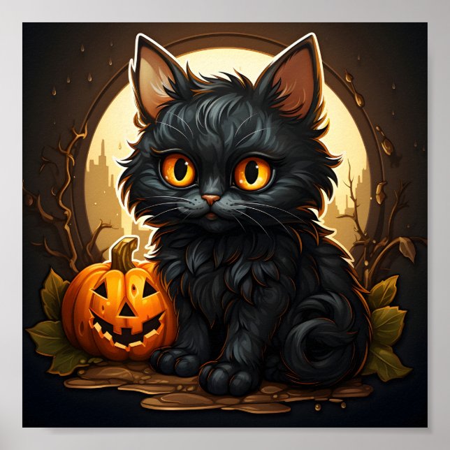 Affiche Chat noir rétro Halloween Éffrayant Orange Citroui (Devant)
