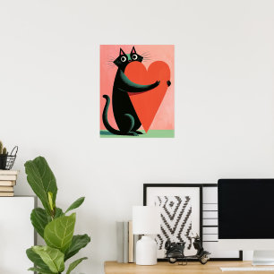 Affiche Chat noir rétro milieu du siècle serrant un cœur