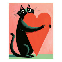 Chat noir rétro milieu du siècle serrant un cœur