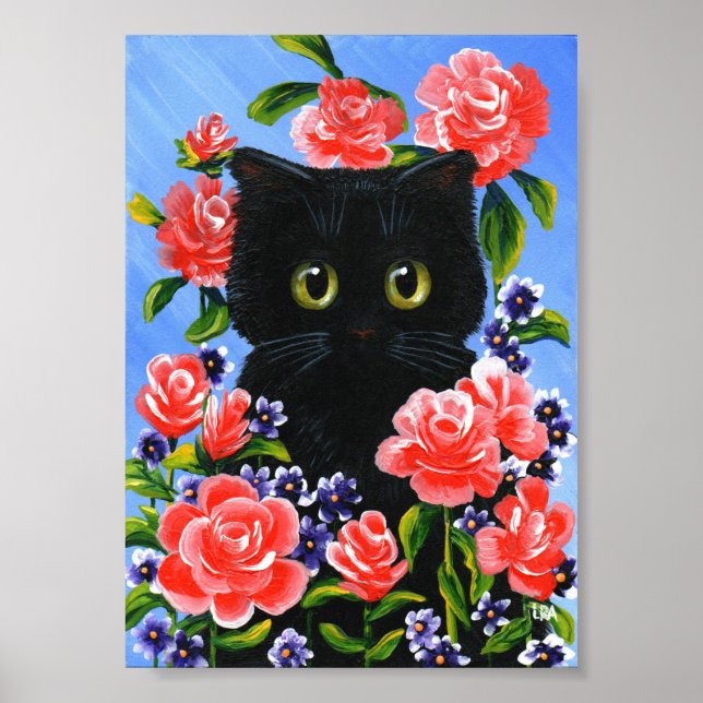Affiche Chat noir Roses rouges Été Créationarts (Devant)