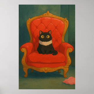 Affiche Chat Noir Royal sur Trône Rouge