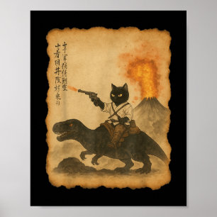 Affiche Chat noir Samurai équitation Dinosaur Éruptio volc