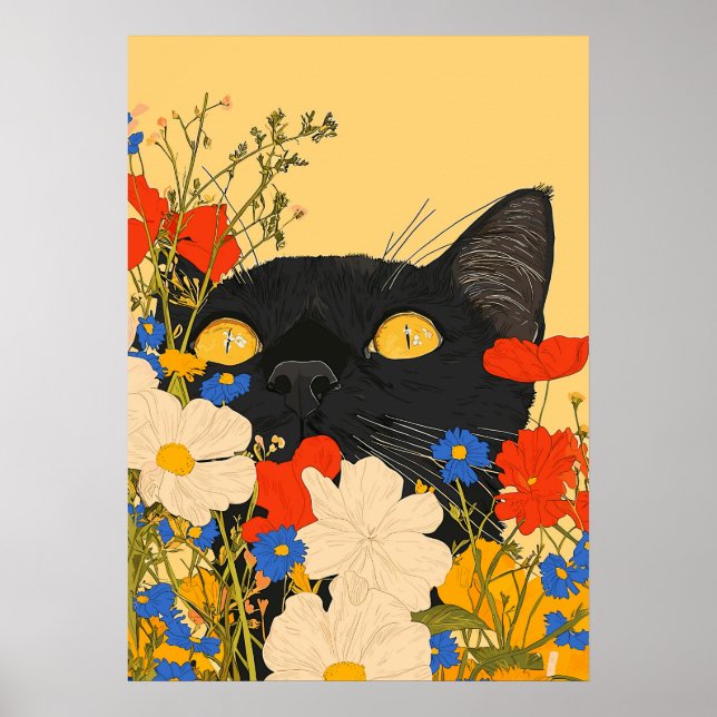 Affiche Chat Noir Se Cachant Parmi Les Fleurs (Devant)