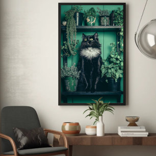 Affiche Chat noir smoking sur une étagère parmi la verdure