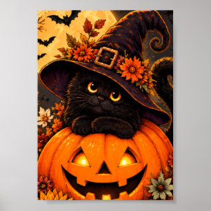 Affiche Chat noir Sorcière Halloween Citrouille Automne Cu