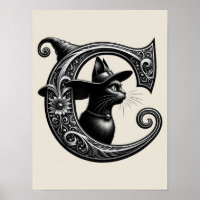 Chat Noir Sorcière Lettre C Initiale Personnalisée