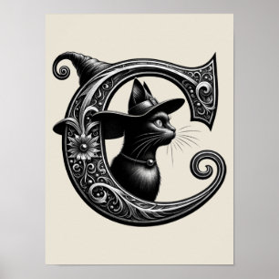 Affiche Chat Noir Sorcière Lettre C Initiale personnalisée