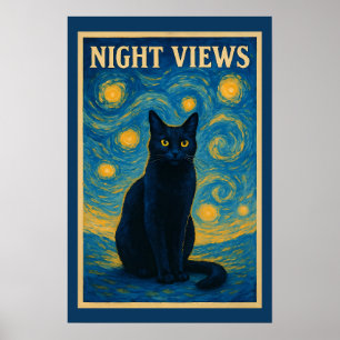 Affiche Chat noir Starry Nuit Van Gogh