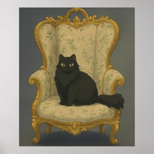 Affiche Chat noir sur chaise ornée – Por élégant pour anim