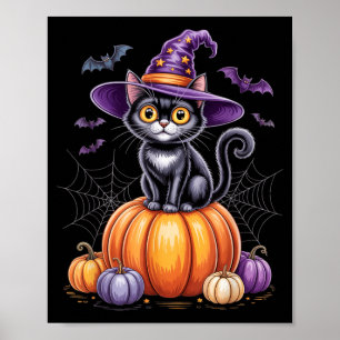 Affiche Chat Noir Sur Citrouille Avec Chapeau De Sorcière 