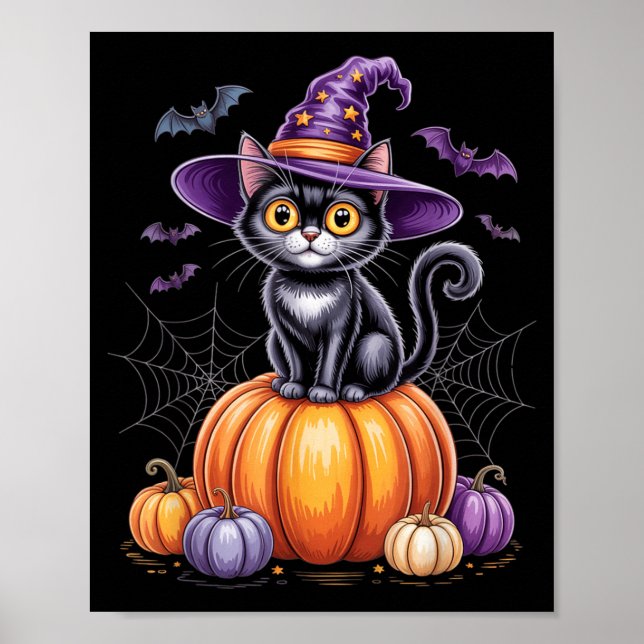Affiche Chat Noir Sur Citrouille Avec Chapeau De Sorcière  (Devant)