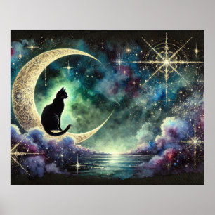 Affiche Chat noir sur croissant de lune avec ciel nocturne