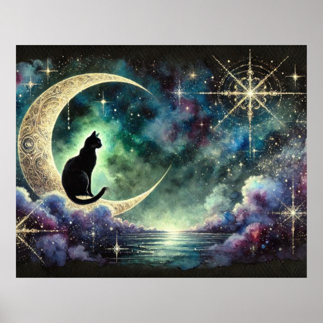 Affiche Chat noir sur croissant de lune avec ciel nocturne (Devant)