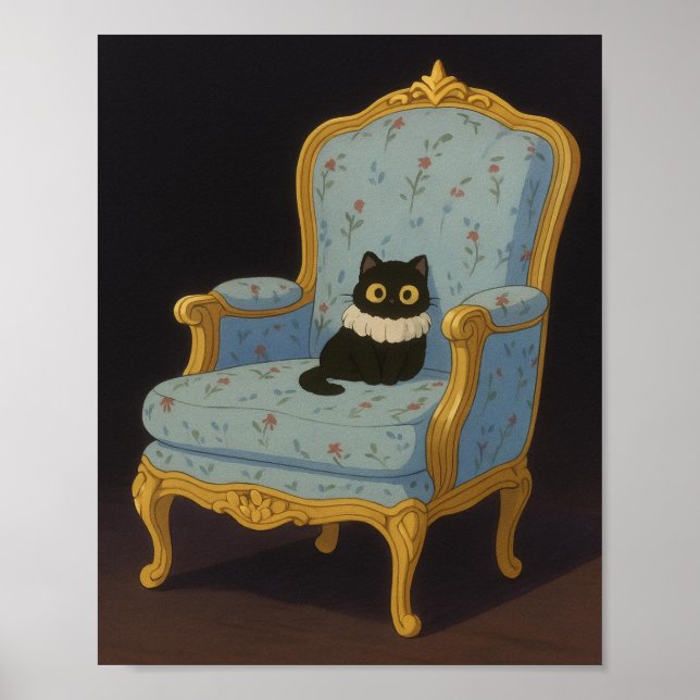 Affiche Chat noir sur fauteuil armchair floral bleu (Devant)