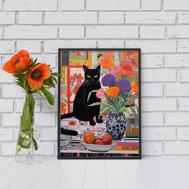 Affiche Chat noir sur la table avec livres fleurs fruits (Créateur téléchargé)