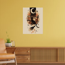 Chat noir sur le balai de sorcière sous la lune