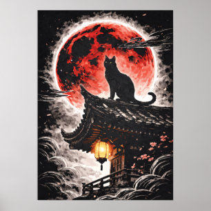 Affiche Chat noir sur toit de pagode, Lune rouge - Art jap