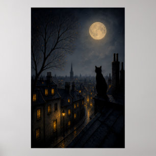 Affiche Chat noir sur un toit au-dessus d'une ville endorm