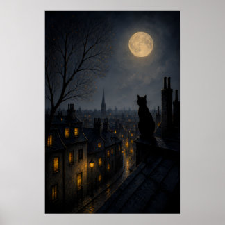 Affiche Chat noir sur un toit au-dessus d'une ville endorm
