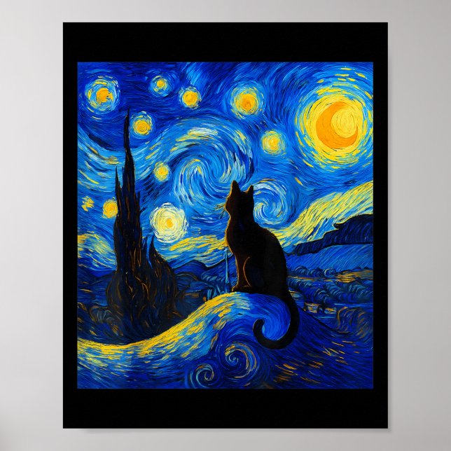 Affiche Chat Noir Une Nuit Étoile - Amoureux des chats Fun (Devant)