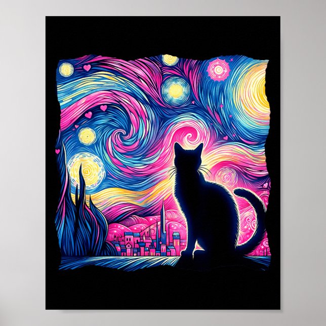 Affiche Chat Noir Van Gogh Nuit Étoilée Art Cœurs Valenti (Devant)