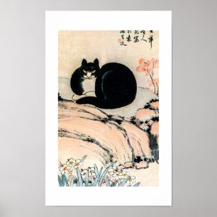 Affiche Chat noir vintage et Narcisse par Zhu Ling
