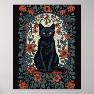 Affiche Chat noir Vintage Floral