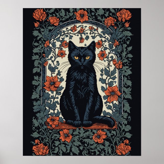 Affiche Chat noir Vintage Floral (Devant)