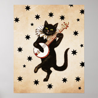 Affiche Chat Noir Vintage Retro Jouer Banjo | Cadeau de ch