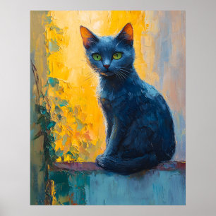 Affiche chat noir, yeux verts, chat fantaisiste, bac color