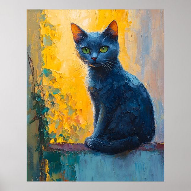 Affiche chat noir, yeux verts, chat fantaisiste, bac color (Devant)