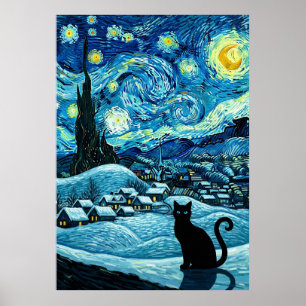 Affiche Chat Nuit Étoilée Inspiré de Van Gogh Ciel Étoilé