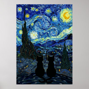 Affiche Chat Nuit Étoilée Inspiré de Van Gogh Ciel Étoilé