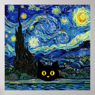 Affiche Chat Nuit Étoilée Inspiré de Van Gogh Ciel Étoilé