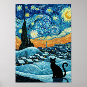 Affiche Chat Nuit Étoilée Inspiré de Van Gogh Ciel Étoilé